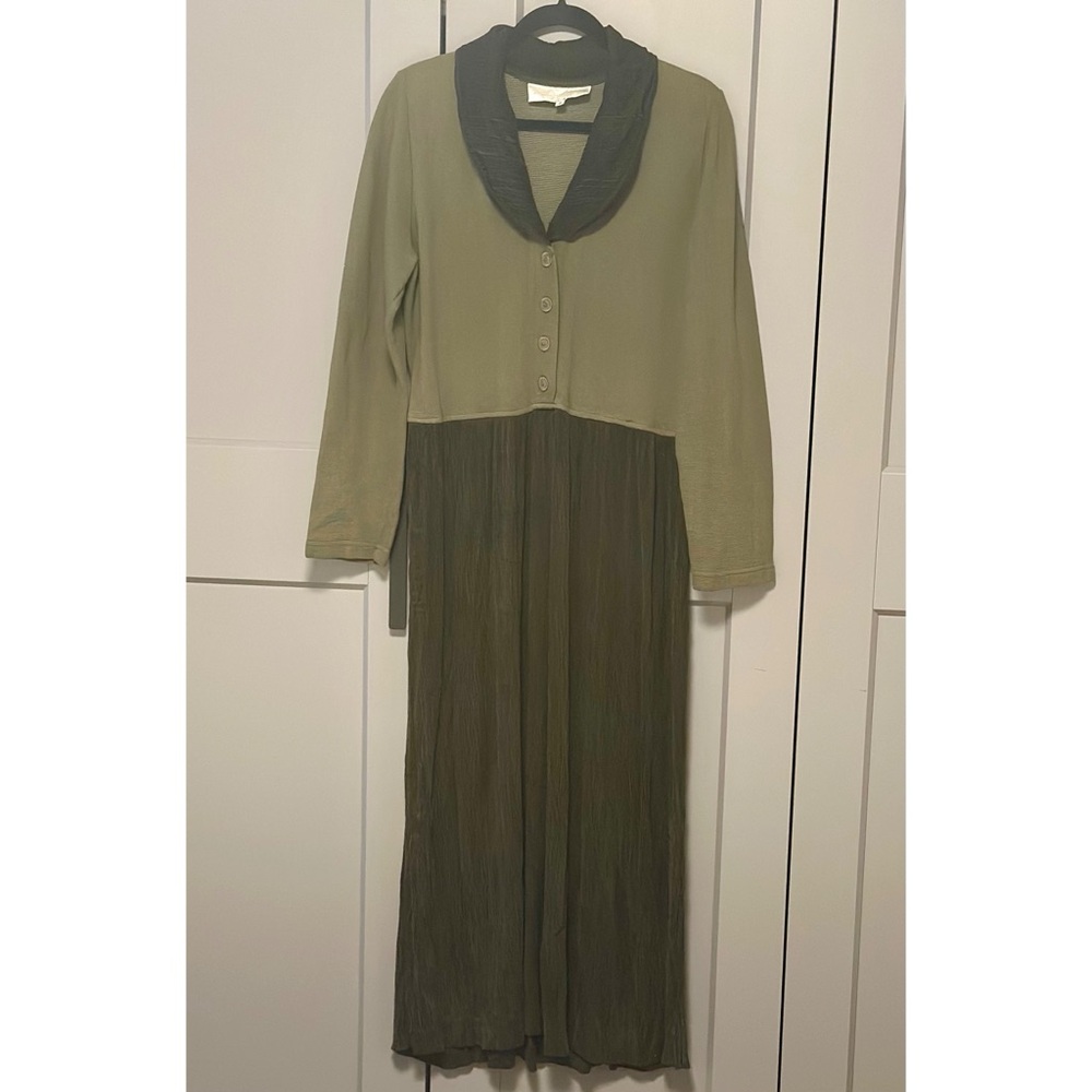Vtg 80s Perry Shar Mixed Media Collared Dress Sz 2X Green Monochrome Lagenlook